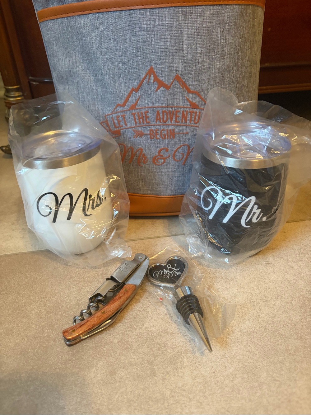 Mr. & Mrs. Wedding Gift - Adventure Wine Cooler Bag Tumblers Corkscrew & Stopper